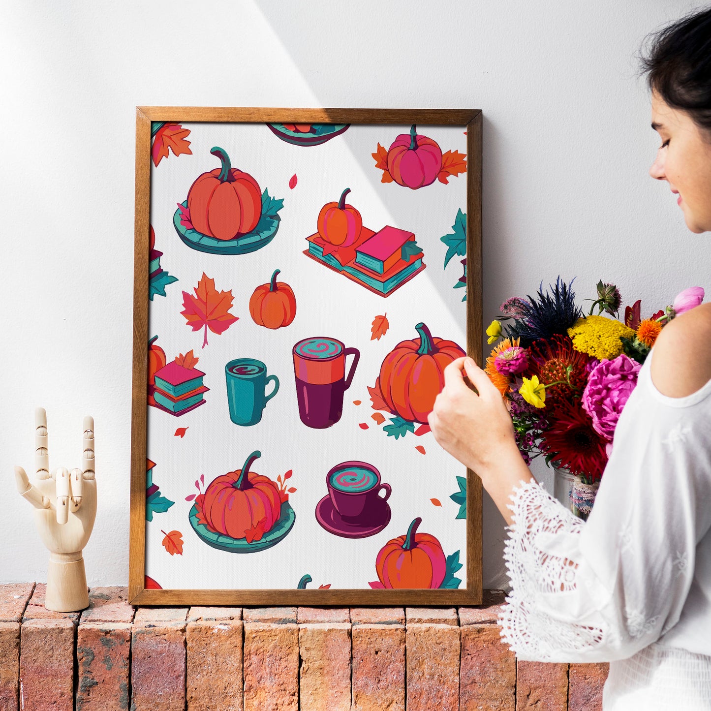 Maximalist fall lifestyle wall art featuring a repeating pattern of orange pumpkins, layered teal and hot pink book stacks, plum coffee cups with swirled latte art, and autumn foliage on white