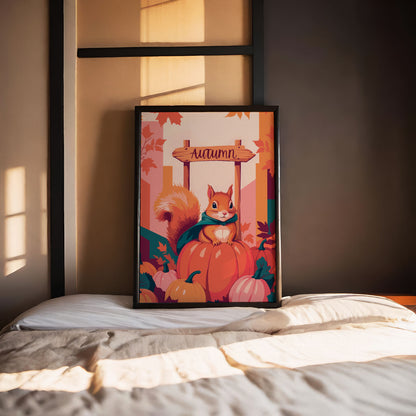 Close-up of a maximalist autumn animal print - a characterful illustrated squirrel with a bushy orange tail and jewel-teal wrap, posed on a pumpkin heap with a rustic carved Autumn sign and warm peachy fall backdrop