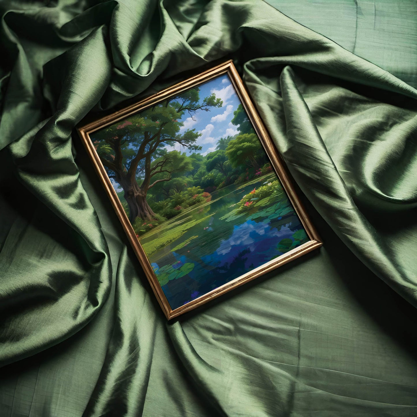 Tranquil landscape featuring a lush tropical pond surrounded by vibrant greenery, blooming water lilies, and tall trees with sprawling branches. The calm water reflects the blue sky and clouds, creating a serene and peaceful nature scene.