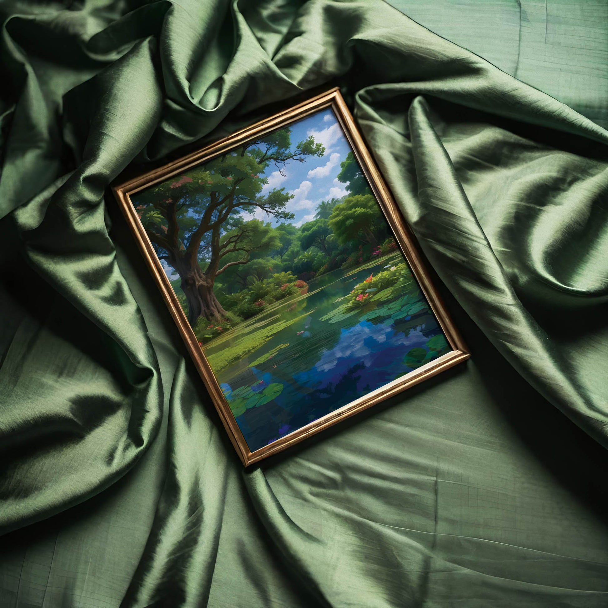 Tranquil landscape featuring a lush tropical pond surrounded by vibrant greenery, blooming water lilies, and tall trees with sprawling branches. The calm water reflects the blue sky and clouds, creating a serene and peaceful nature scene.