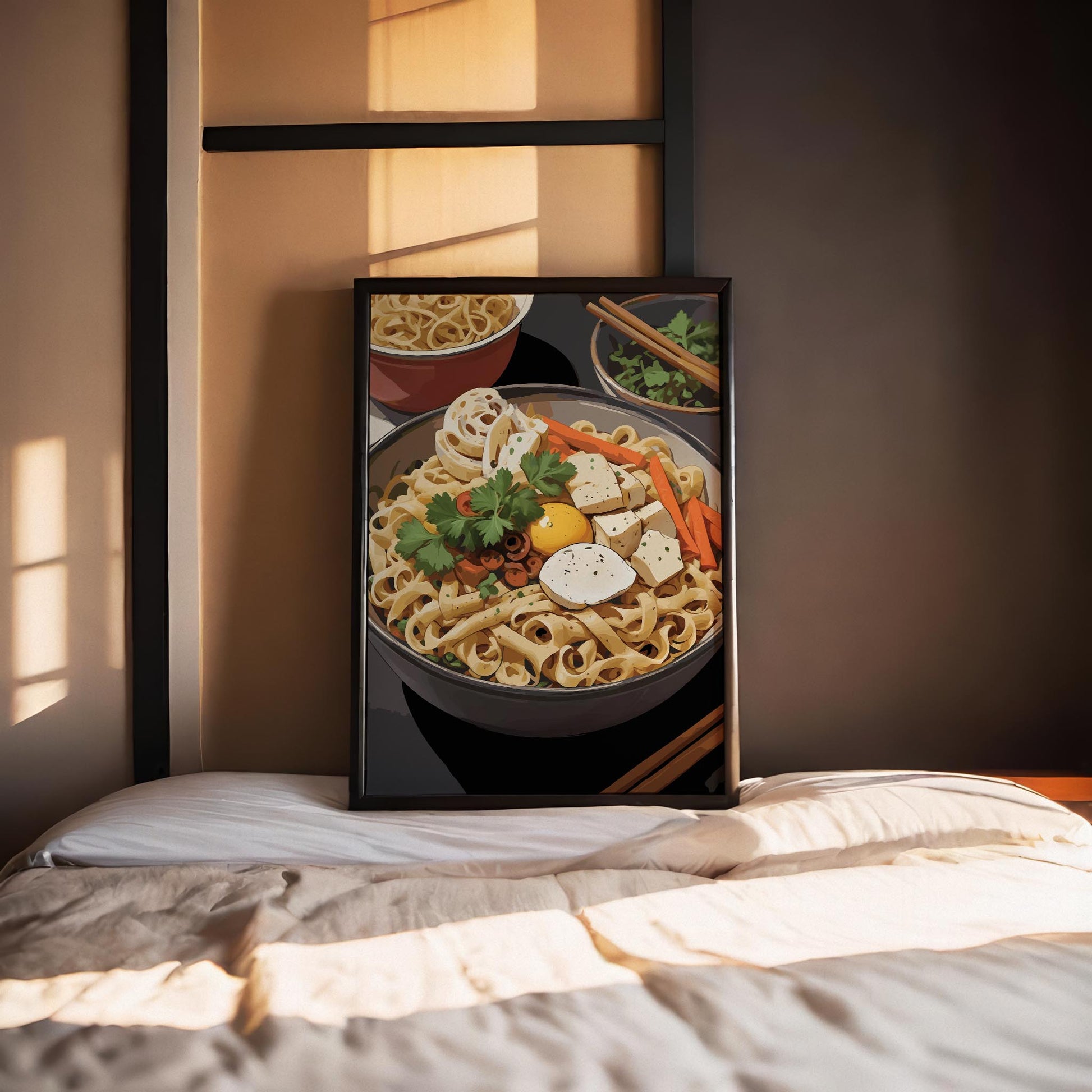 Printable wall art of a colorful bowl of noodles topped with tofu, egg yolk, vegetables, lotus root, and fresh herbs, styled with chopsticks and side dishes, perfect for kitchen or dining room decor with a foodie vibe.