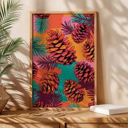 Close-up of a painterly pine cone print - orange and magenta cones with black outlines scattered across abstract colour block brushstrokes in warm and jewel tones