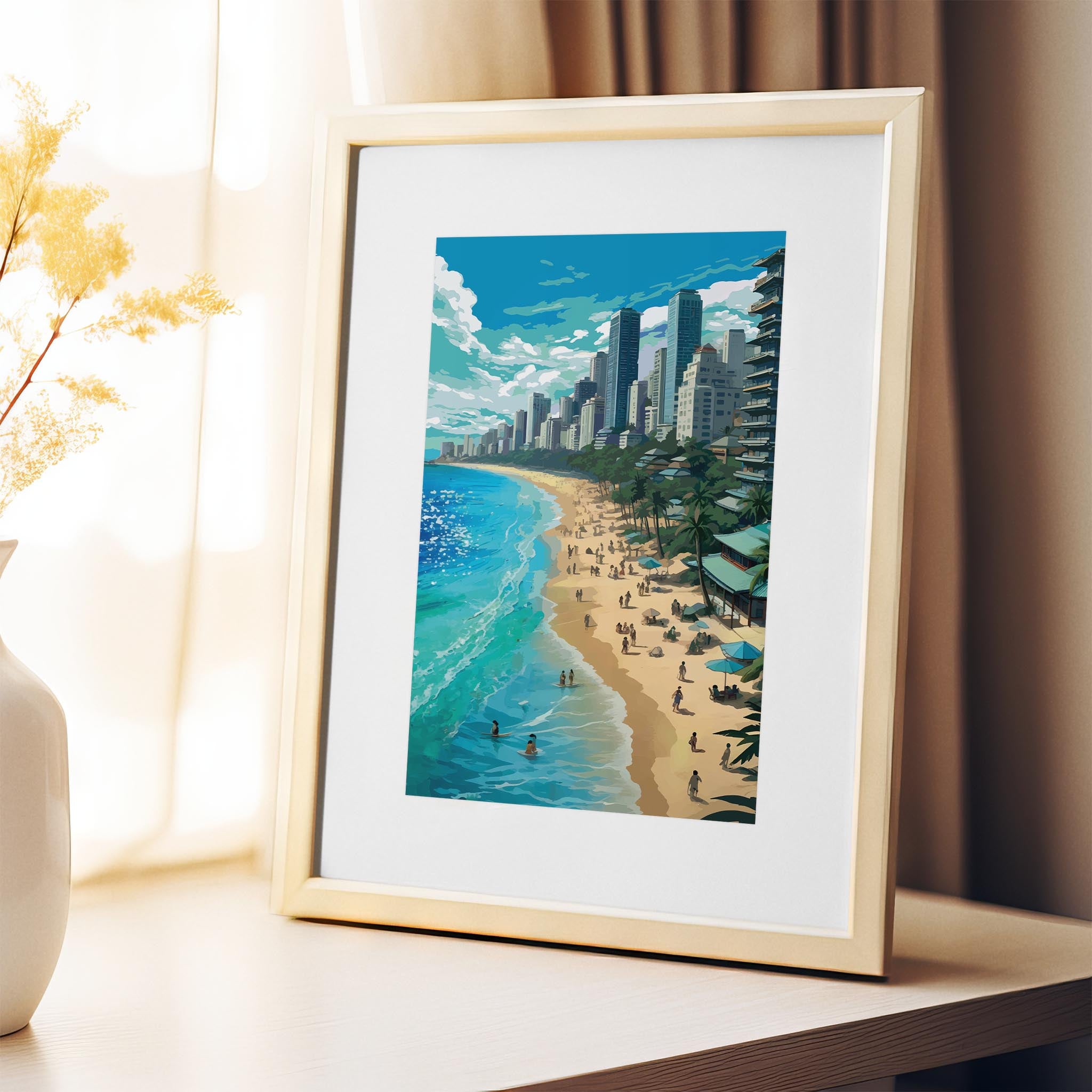 Vibrant city beach printable wall art featuring a sunny coastline with turquoise waves, golden sand, palm trees, and people enjoying the beach, set against a backdrop of modern skyscrapers under a dynamic sky - perfect for urban summer, travel, or coastal-themed decor
