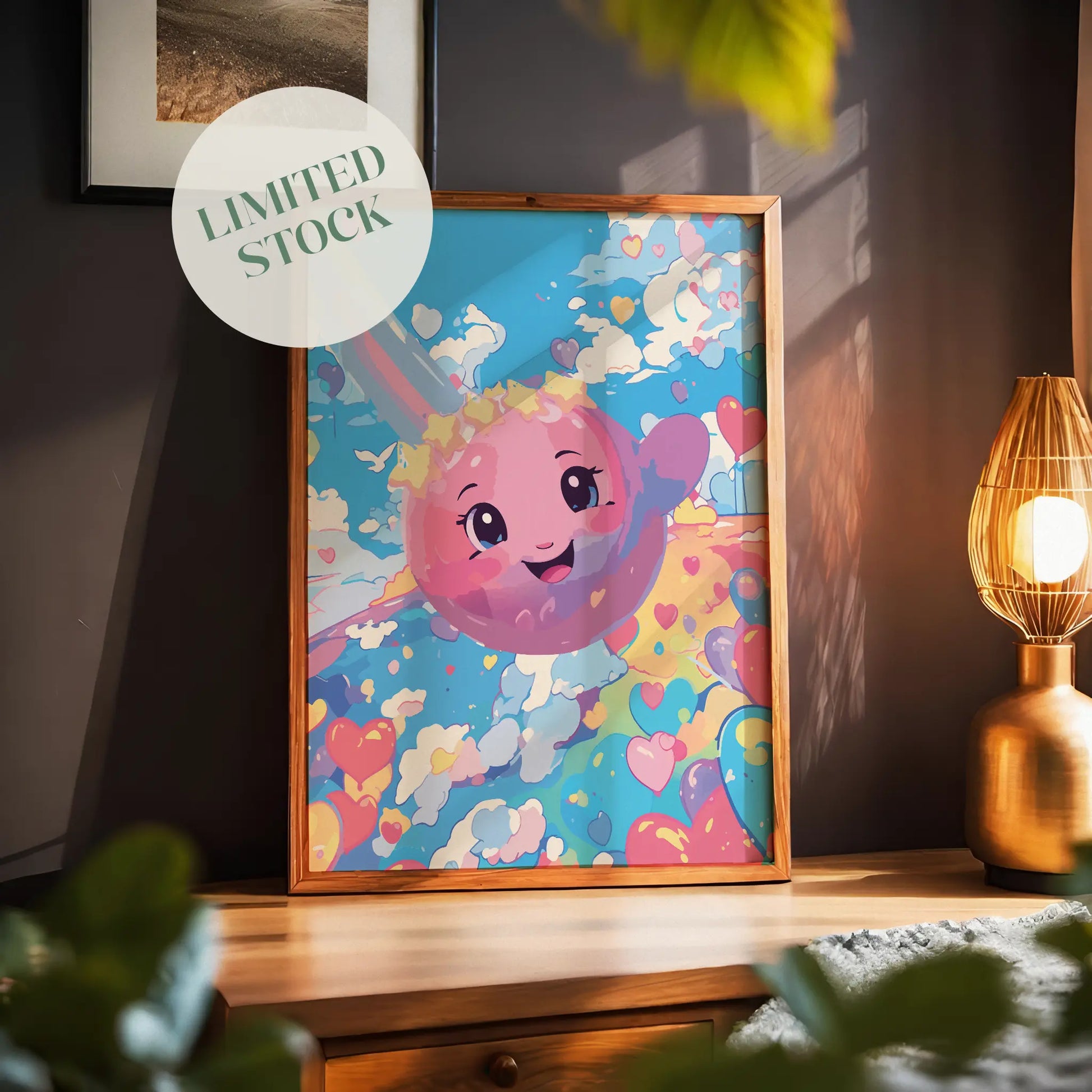 Kawaii-style wall art featuring a joyful pink planet with a smiling face, floating through a dreamy sky filled with colorful clouds and heart-shaped balloons, perfect for kids' rooms, nurseries, or whimsical decor lovers.