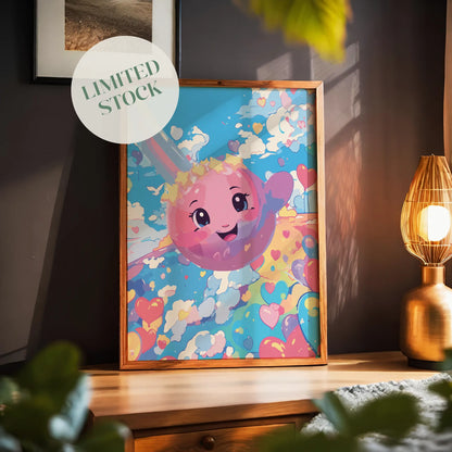 Kawaii-style wall art featuring a joyful pink planet with a smiling face, floating through a dreamy sky filled with colorful clouds and heart-shaped balloons, perfect for kids' rooms, nurseries, or whimsical decor lovers.