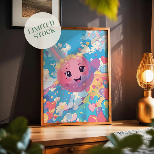 Kawaii-style wall art featuring a joyful pink planet with a smiling face, floating through a dreamy sky filled with colorful clouds and heart-shaped balloons, perfect for kids' rooms, nurseries, or whimsical decor lovers.