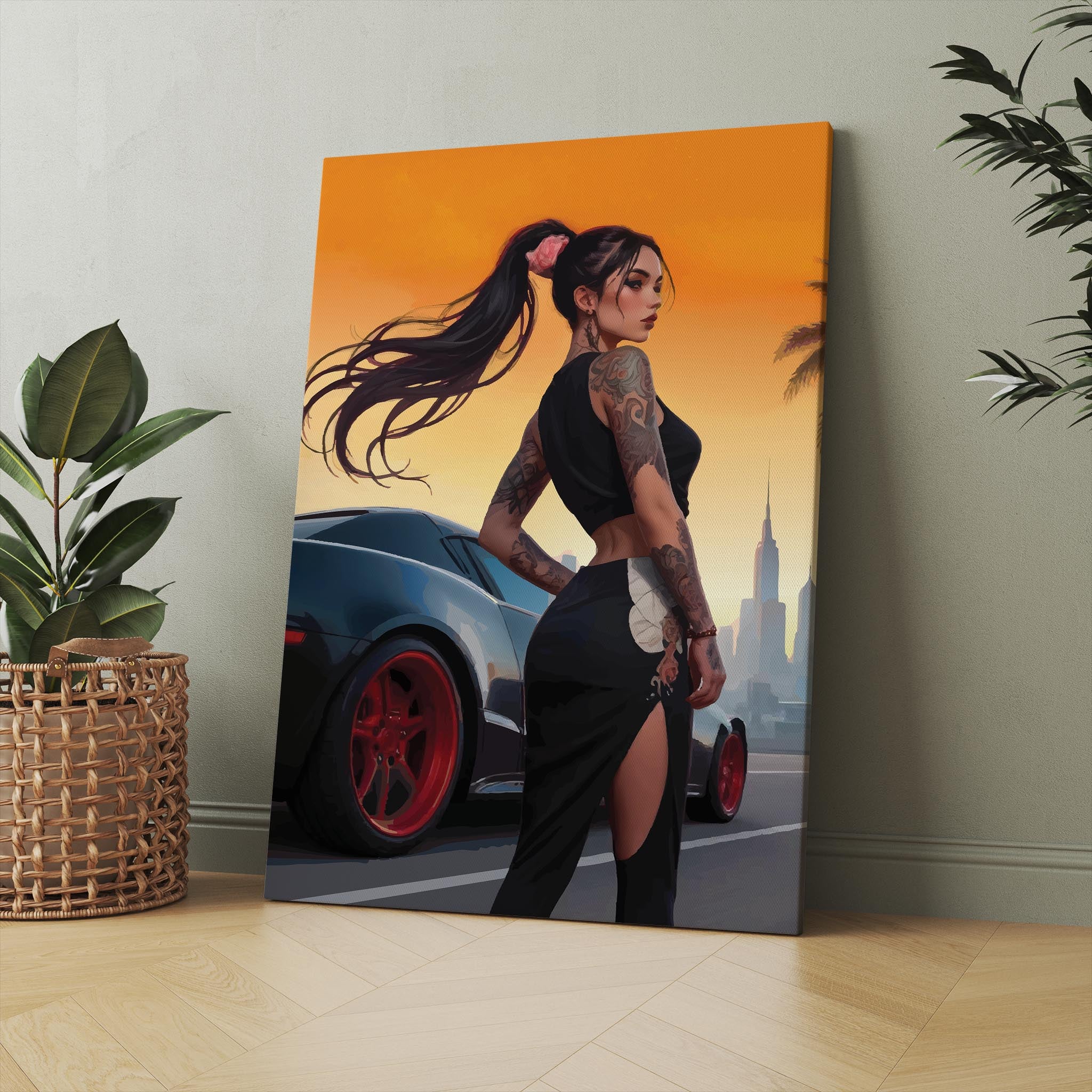 Edgy fashion illustration of tattooed girl near supercar with city skyline, modern printable wall decor