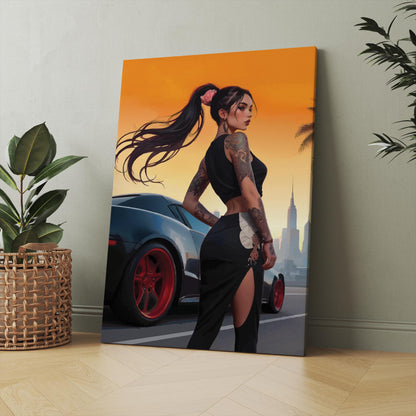 Edgy fashion illustration of tattooed girl near supercar with city skyline, modern printable wall decor