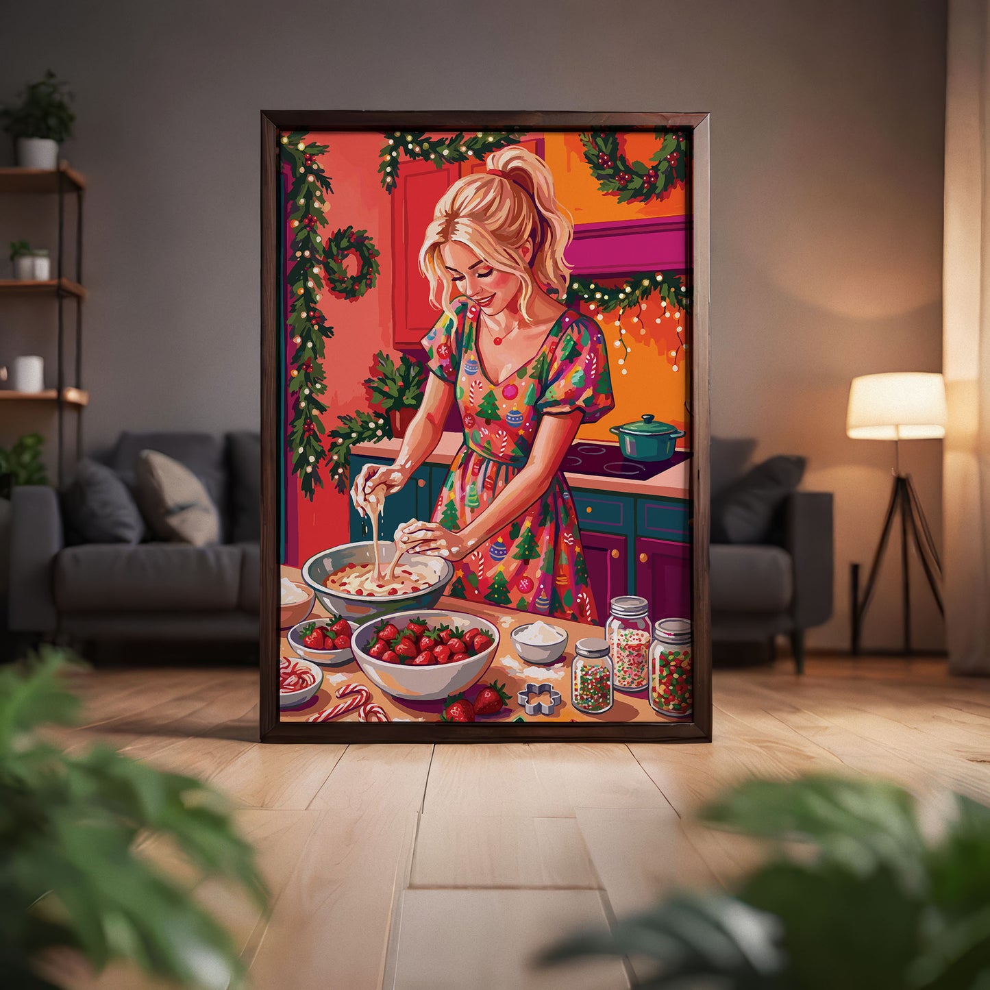 Bold illustrated Christmas kitchen wall art with a smiling blonde woman in a colourful Christmas print dress kneading dough in a festively decorated kitchen with teal cabinets, garland wreaths, fairy lights, and bowls of strawberries and sprinkles