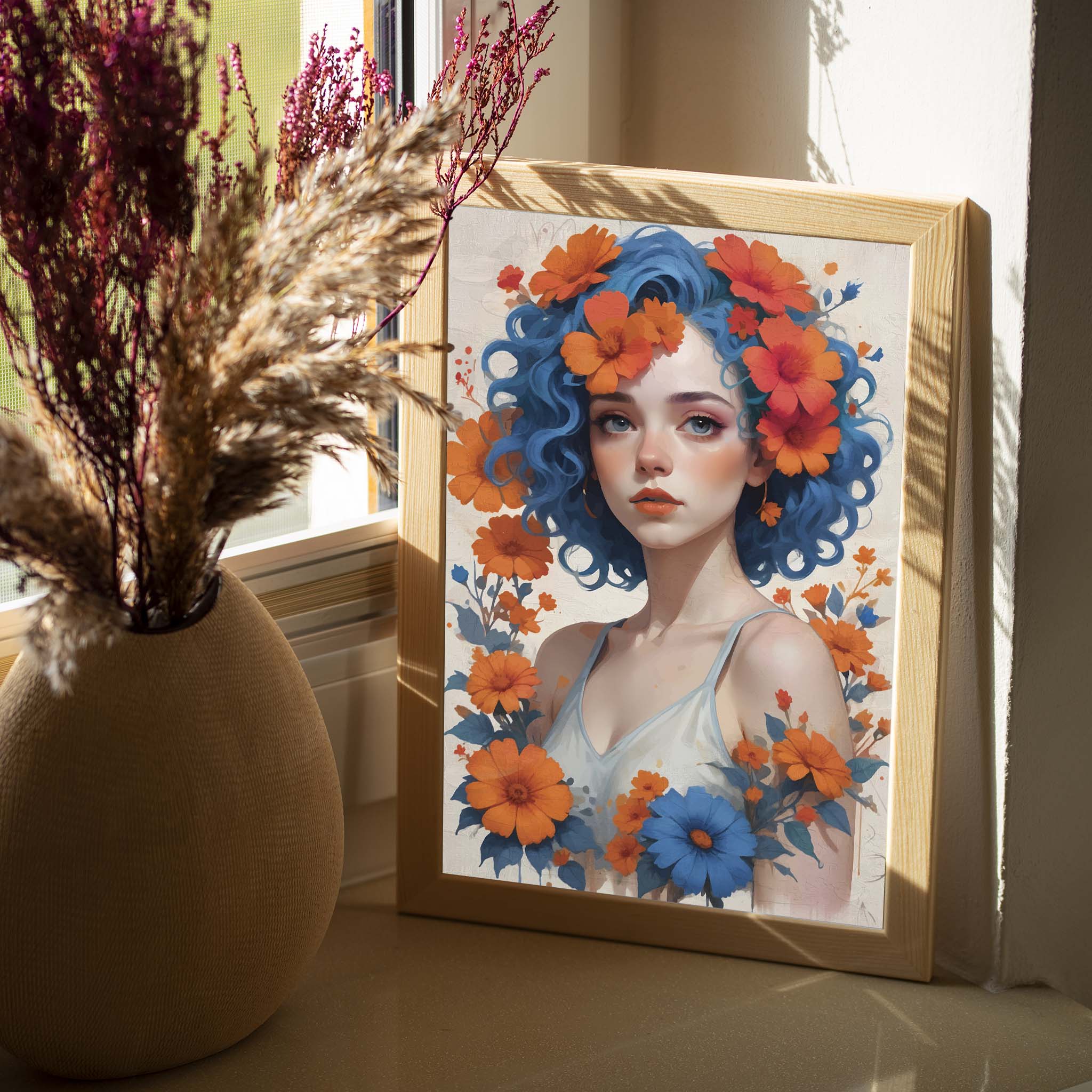 Whimsical digital portrait of a young woman with vibrant blue curly hair adorned with orange and red flowers, surrounded by matching blossoms - striking printable wall art for bold and artistic home decor