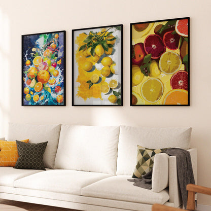 Triptych wall art with bold citrus illustrations including lemon branches, sliced fruit and colourful juice splash design
