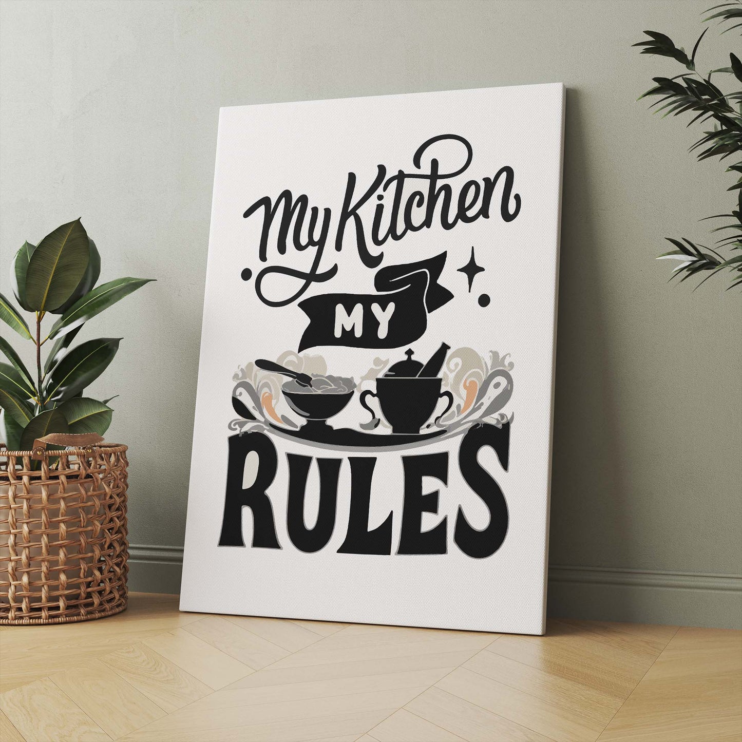 My Kitchen My Rules cooking quote wall art with kitchen utensils illustration, modern farmhouse printable kitchen decor