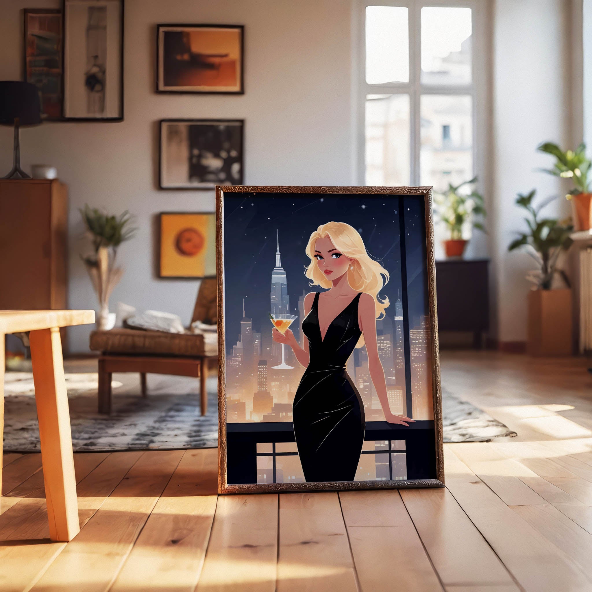 Stylish digital illustration of a glamorous blonde woman in a sleek black dress holding a cocktail, with a glowing city skyline and skyscrapers at night, elegant printable wall art