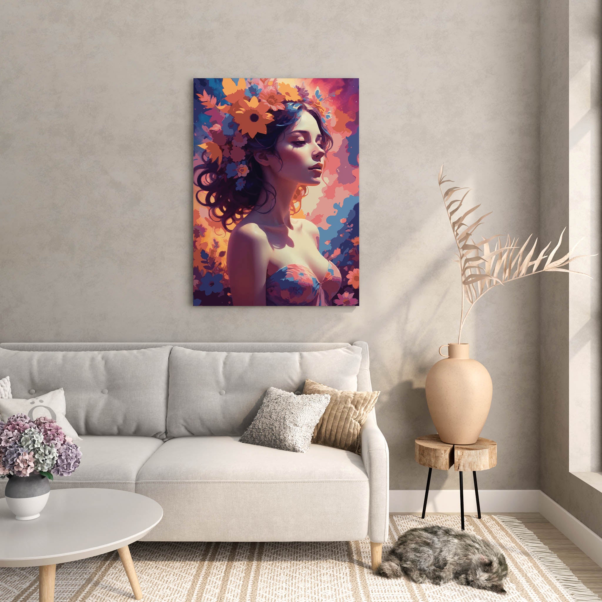 Whimsical digital portrait of a serene woman with flowing hair adorned in vibrant flowers, set against a dreamy, colorful background, enchanting printable wall art for bohemian and artistic interiors.