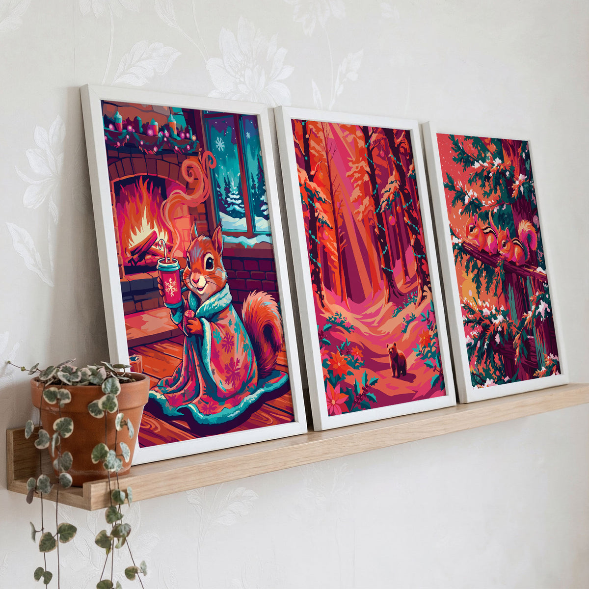Christmas woodland animal wall art prints on a wood shelf against sage green panelling — a cozy squirrel by the fireplace, a lone bear cub in a magenta Christmas forest, and a pair of chipmunks on a snowy pine branch in bold orange, teal, and coral