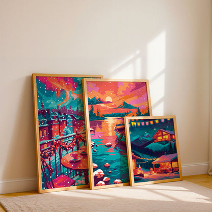 Triptych of snowy holiday scenes — a café balcony, Christmas boat on a lake, and mountain cabin — displayed on a wooden shelf