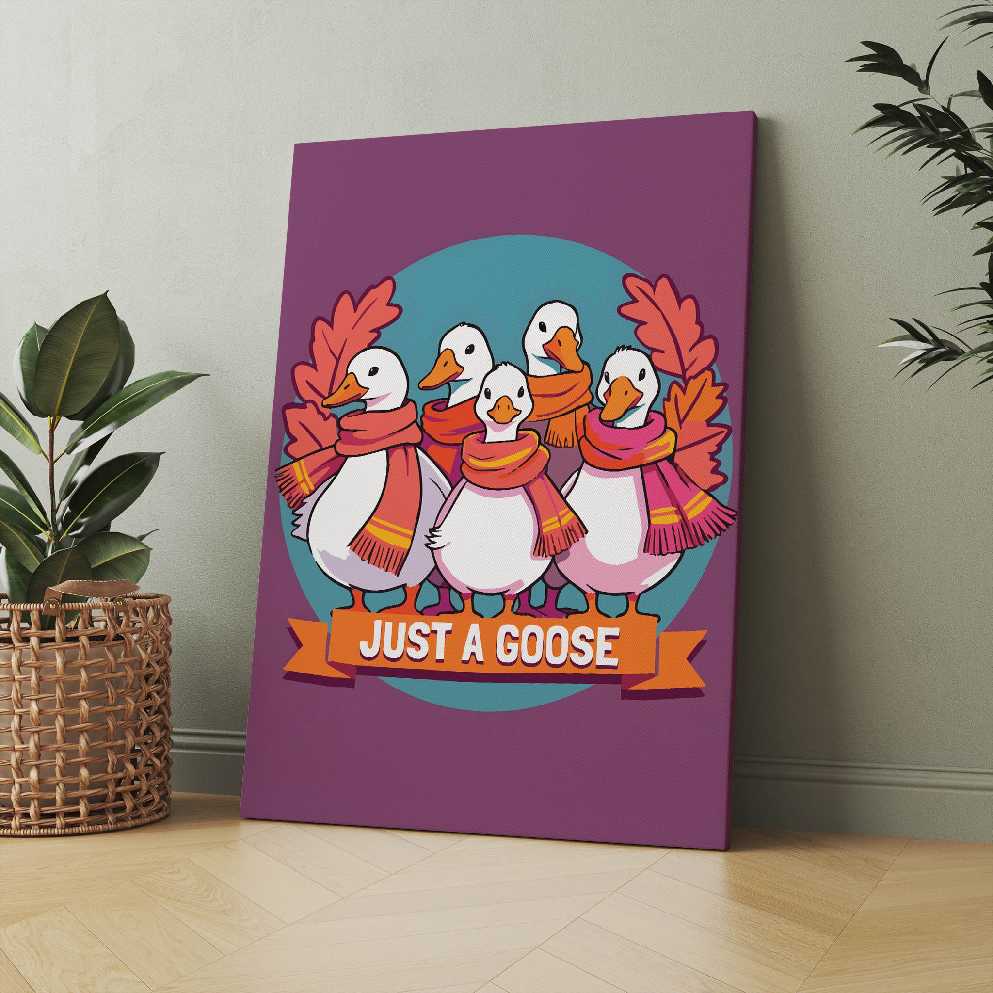Bold humorous animal print - a gang of scarfed geese in a badge-style composition with orange and magenta fringed scarves, fall oak leaves, and an orange ribbon banner reading "Just a Goose" on deep purple