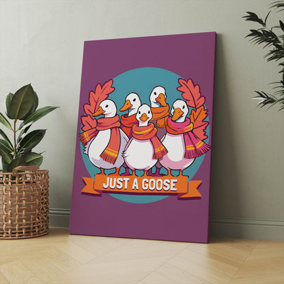 Bold humorous animal print - a gang of scarfed geese in a badge-style composition with orange and magenta fringed scarves, fall oak leaves, and an orange ribbon banner reading "Just a Goose" on deep purple