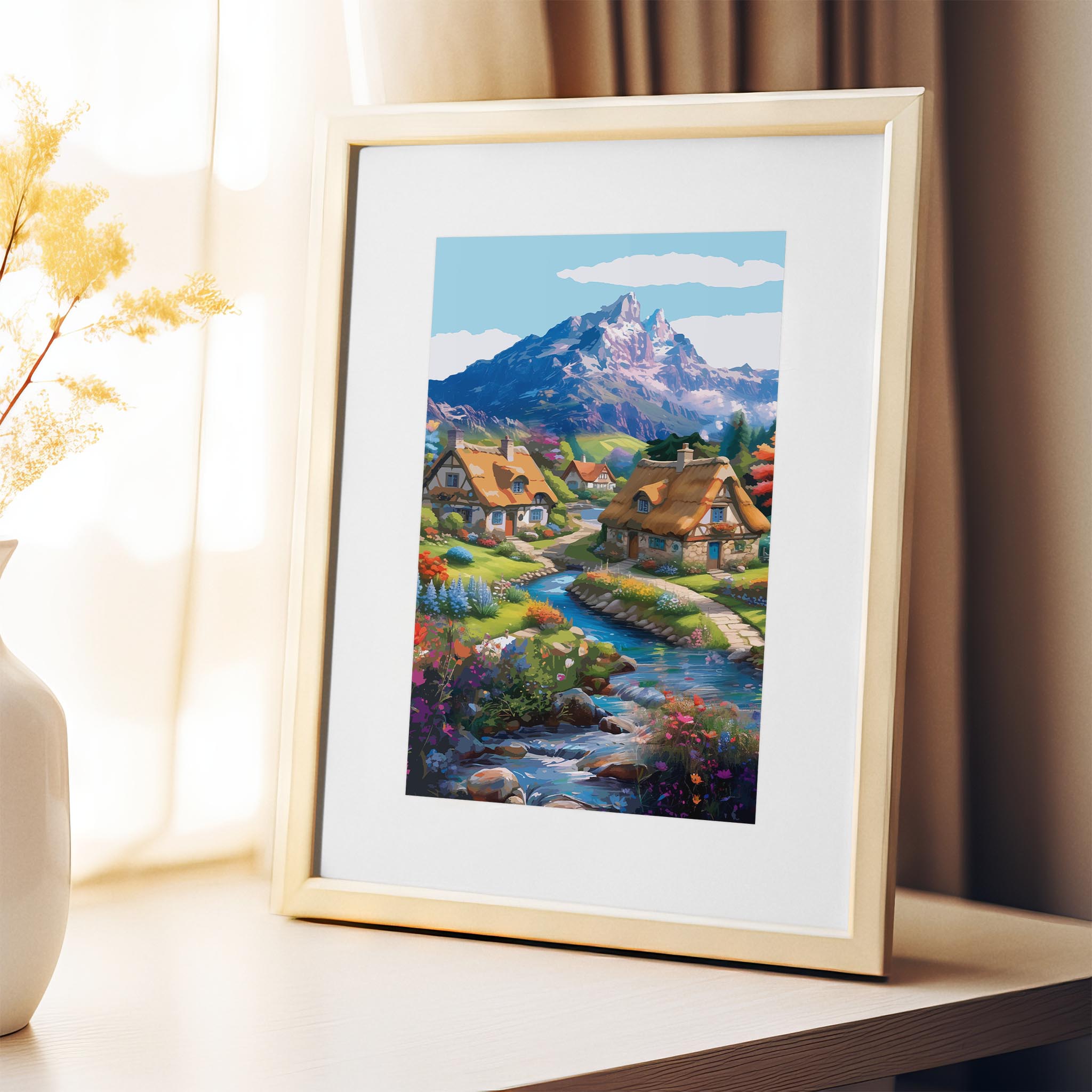Whimsical cottagecore printable wall art featuring thatched-roof cottages beside a winding stream, colorful flower gardens, and majestic snow-capped mountains in the background under a bright sky - perfect for fairytale, nature-inspired, or countryside home decor.