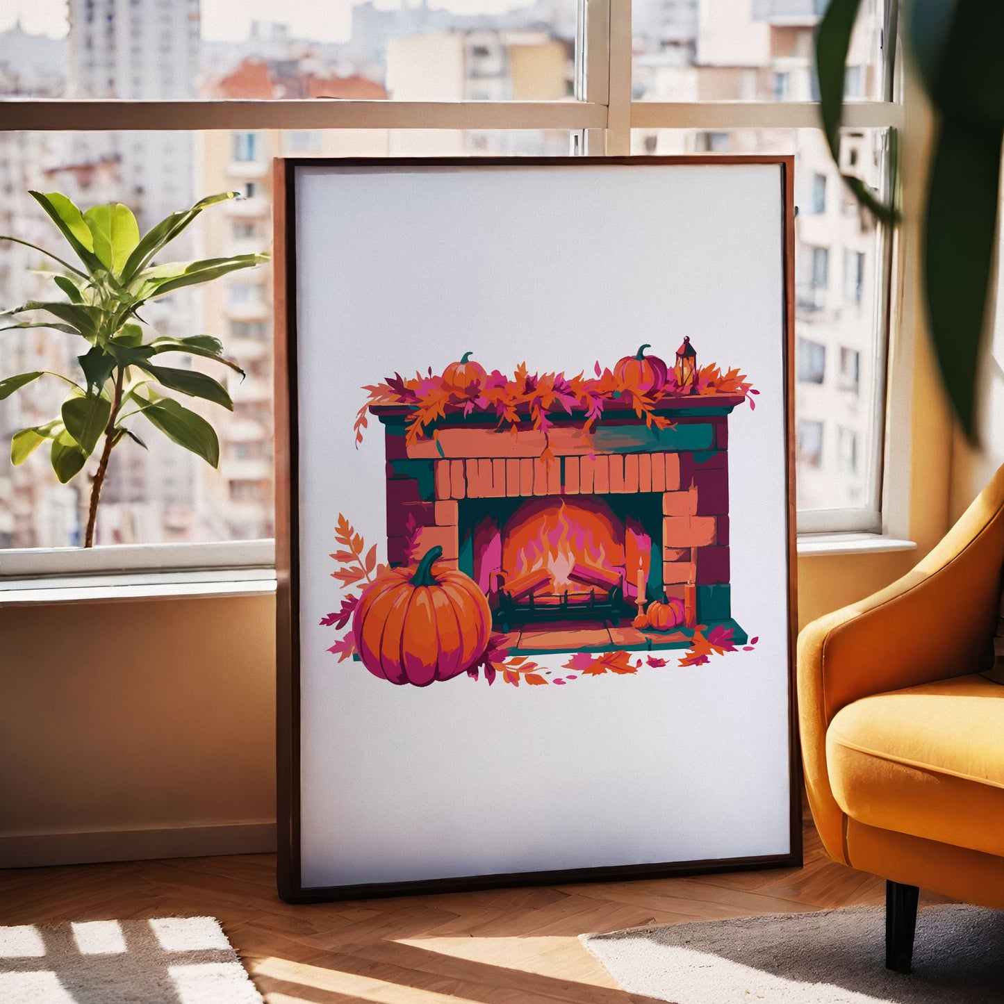 Dopamine-style autumn hearth illustration - isolated fireplace with magenta and orange flame glow, teal brick detailing, pumpkin and leaf mantel styling on a clean white background