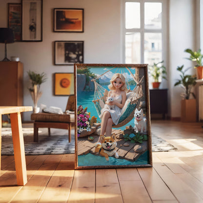 Whimsical printable wall art of a blonde woman in a white dress relaxing in a hammock by a turquoise lake, holding a white kitten, with two cheerful dogs nearby, vibrant flowers, and serene mountain scenery in the background.