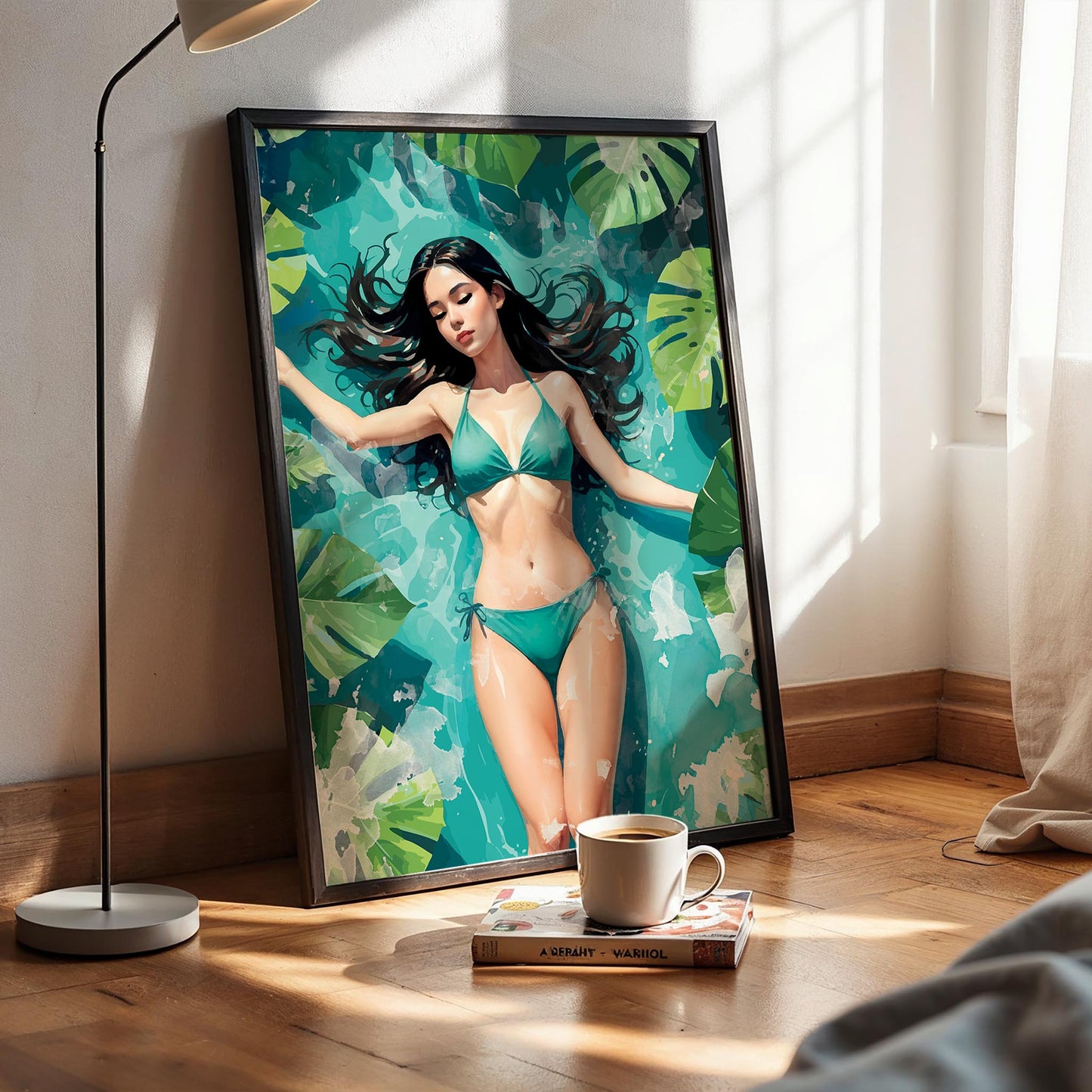 Serene illustration of a woman in a turquoise bikini floating peacefully in clear blue water surrounded by lush green tropical leaves. Her eyes are closed, and her long dark hair flows gently around her, creating a calm, summery, and tranquil atmosphere.
