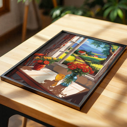 Sunny countryside landscape seen through cottage window with red flowers and rustic table, cozy farmhouse printable wall art