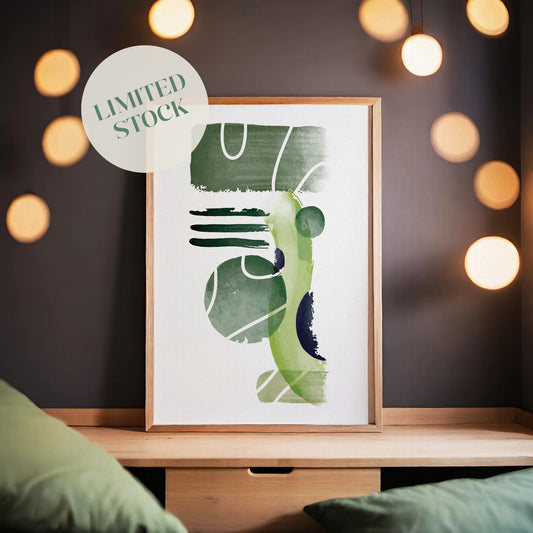 Modern abstract printable wall art featuring layered geometric shapes and textured brushstrokes in earthy green tones with subtle white accents, perfect for minimalist, nature-inspired, or contemporary spaces