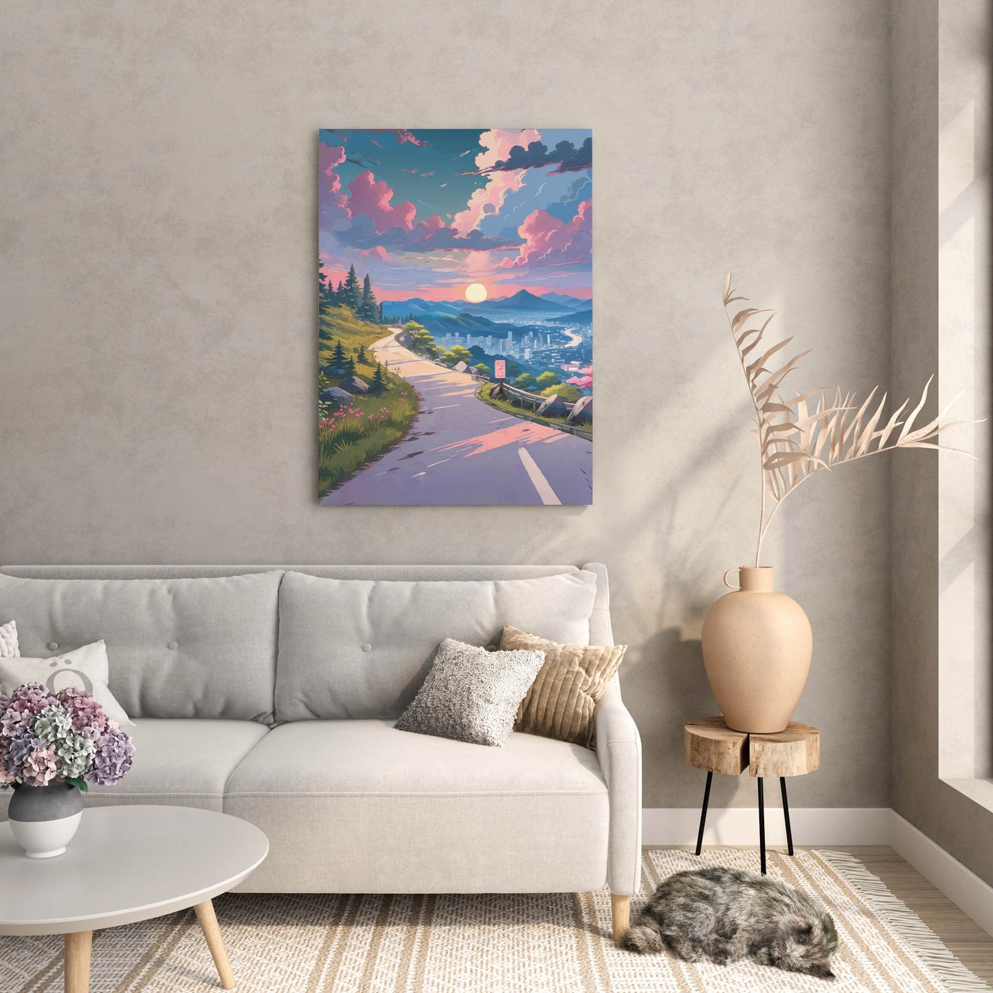 Scenic printable wall art featuring a winding mountain road at sunset, overlooking a serene cityscape with glowing skies, pine trees, and vibrant pink clouds - ideal for travel and nature-inspired home decor