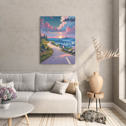 Scenic printable wall art featuring a winding mountain road at sunset, overlooking a serene cityscape with glowing skies, pine trees, and vibrant pink clouds - ideal for travel and nature-inspired home decor
