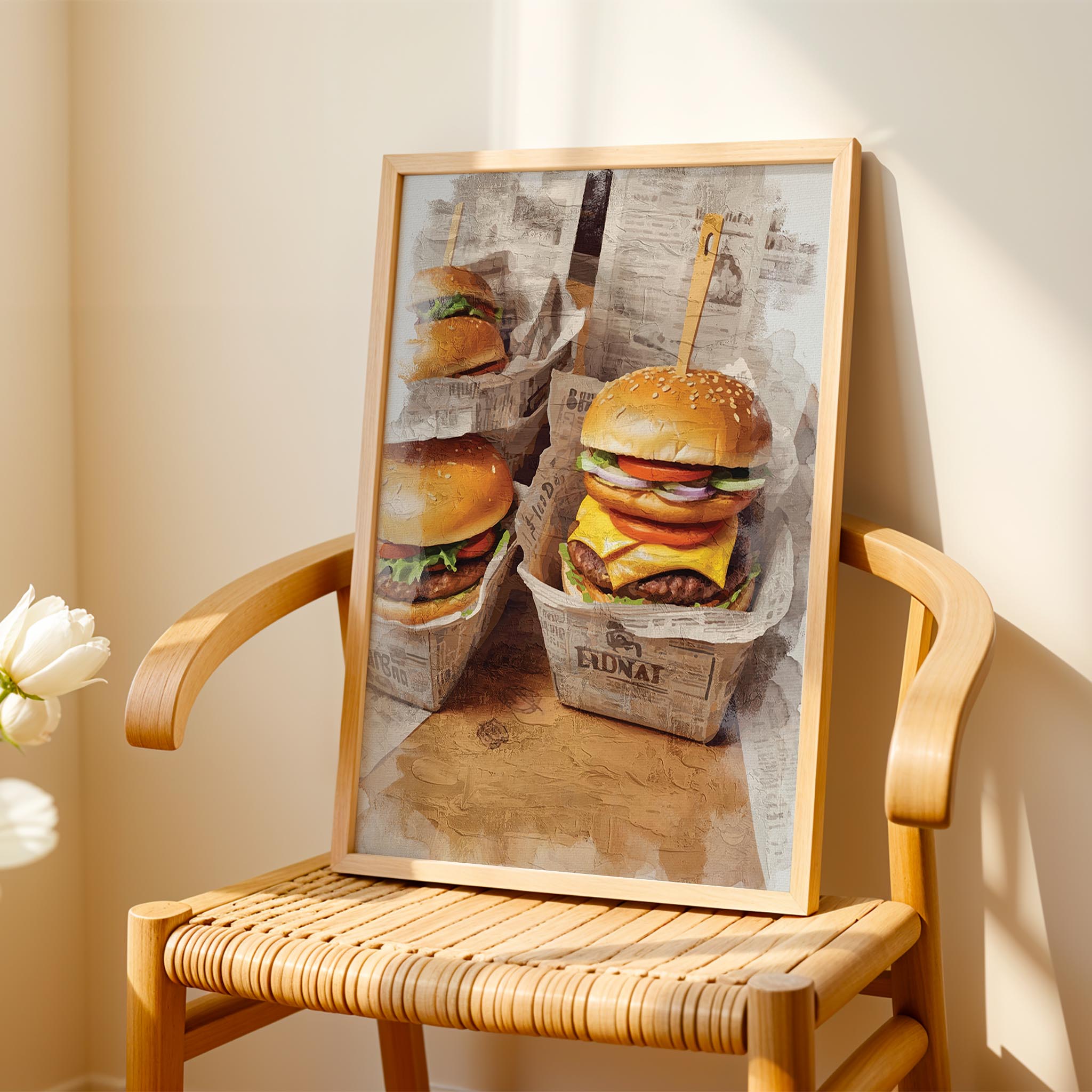 Vintage style burger illustration with sesame buns and toppings, kitchen printable wall decor digital download