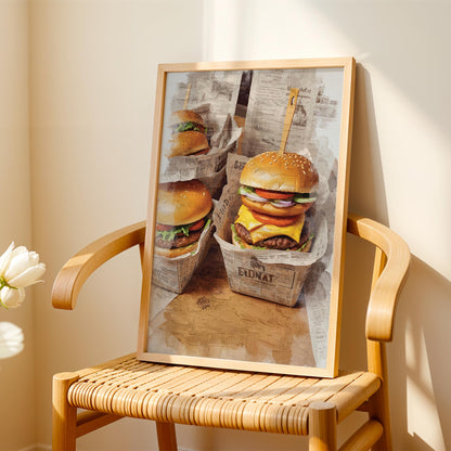 Vintage style burger illustration with sesame buns and toppings, kitchen printable wall decor digital download