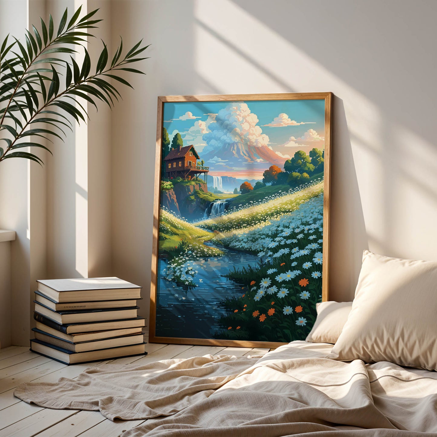 Printable wall art of a serene mountain landscape with a cozy wooden cabin, wildflower meadow, flowing river, and distant waterfall under a colorful sky, perfect for nature-inspired home decor