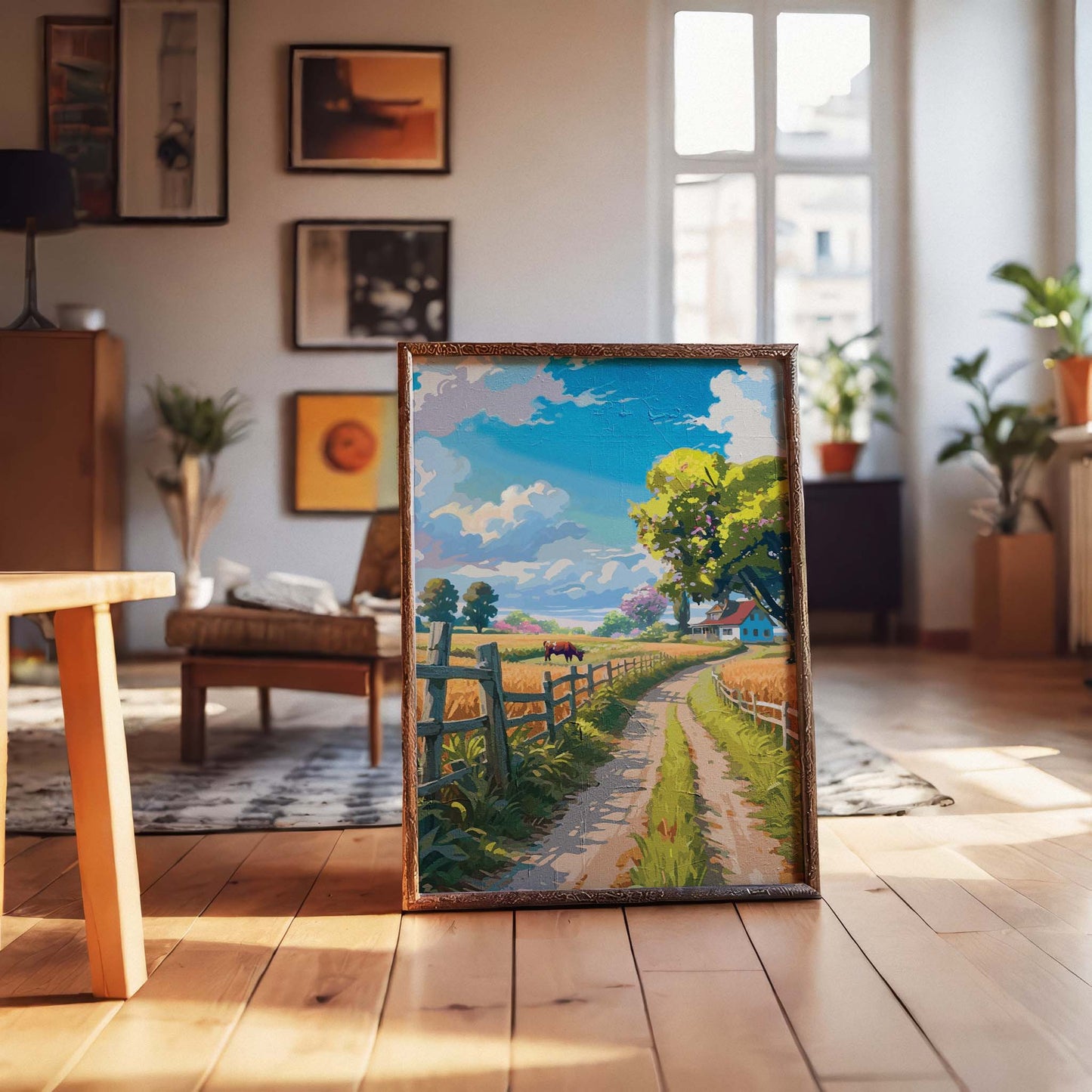Rural scene artwork with a country lane, wooden fences, grazing cow and sunlit fields in soft summer colours