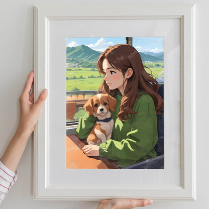 Cozy printable wall art featuring a girl with long brown hair in a green sweater, sitting by the window with a cute puppy, enjoying a peaceful countryside view with mountains and blue skies - perfect for dog lovers and nature-inspired home decor. 