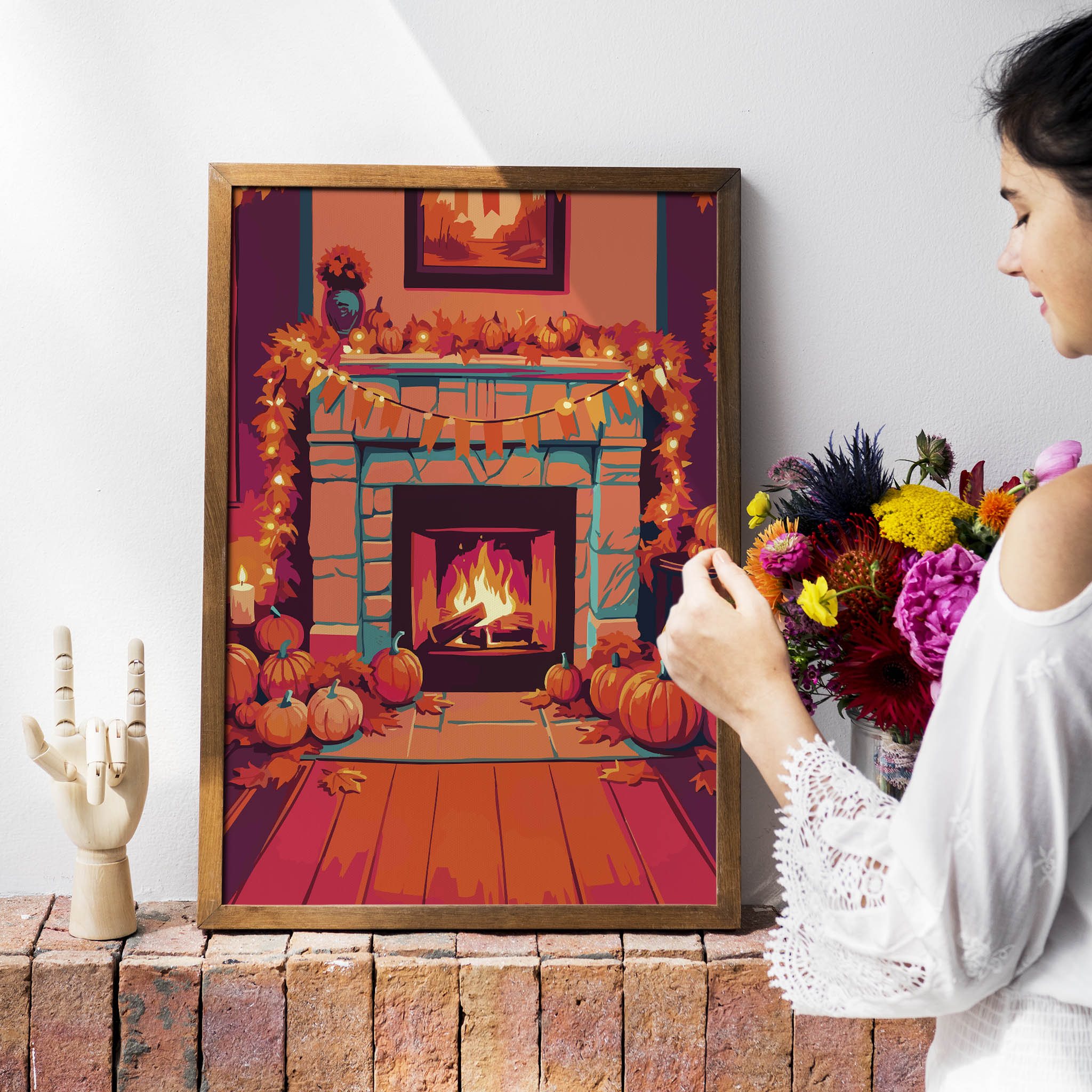 Cozy fall living room print featuring a roaring fireplace decorated with pumpkins, autumn leaf garland, and fairy lights - illustrated in saturated orange, magenta, and teal