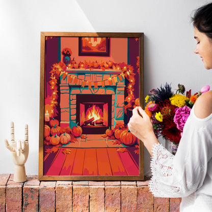 Cozy fall living room print featuring a roaring fireplace decorated with pumpkins, autumn leaf garland, and fairy lights - illustrated in saturated orange, magenta, and teal