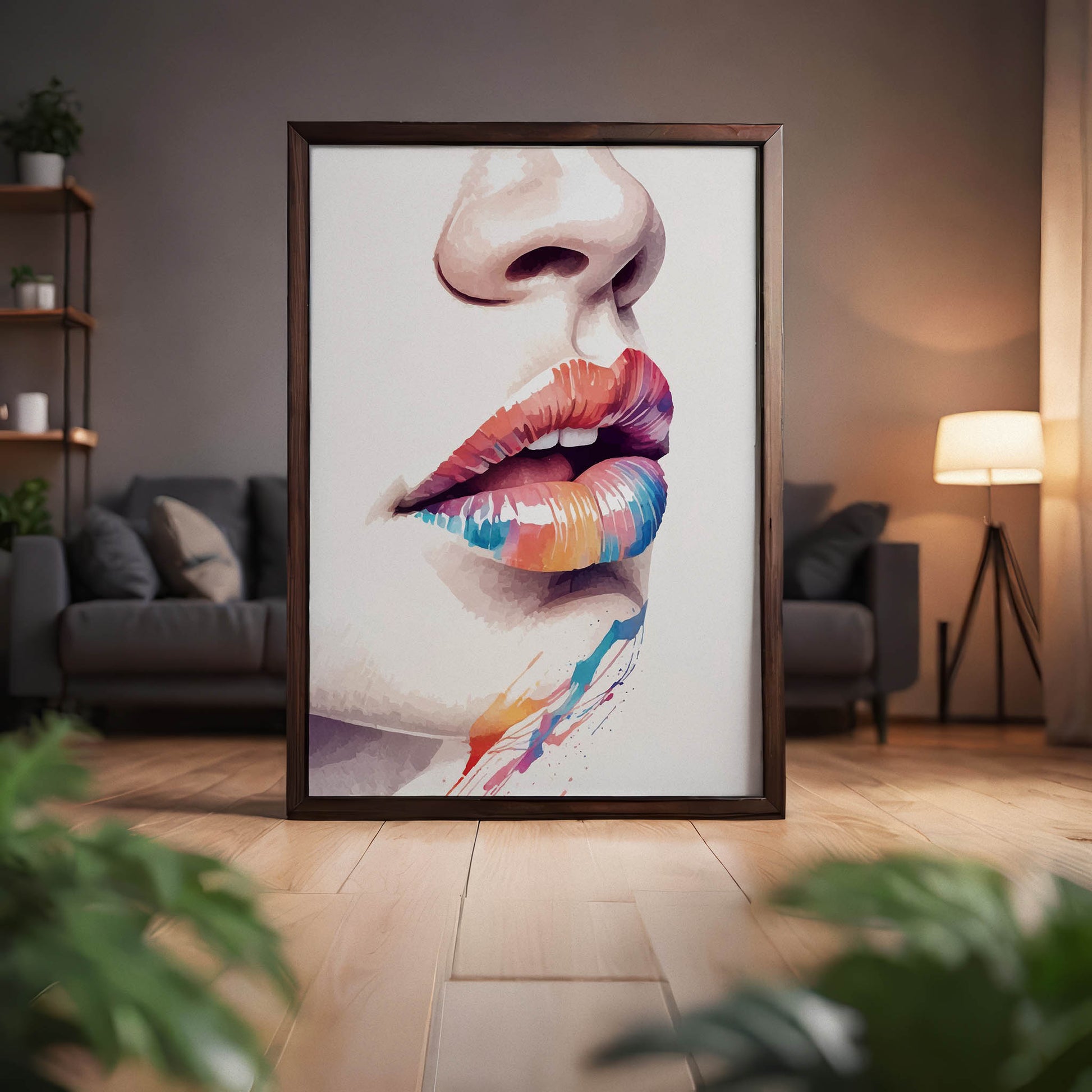 Close-up artistic portrait of glossy lips painted in a vibrant rainbow gradient of red, orange, yellow, blue, and purple tones. Soft splashes of colour extend below the lips, creating a bold, modern, and expressive pop-art style composition on a clean white background.