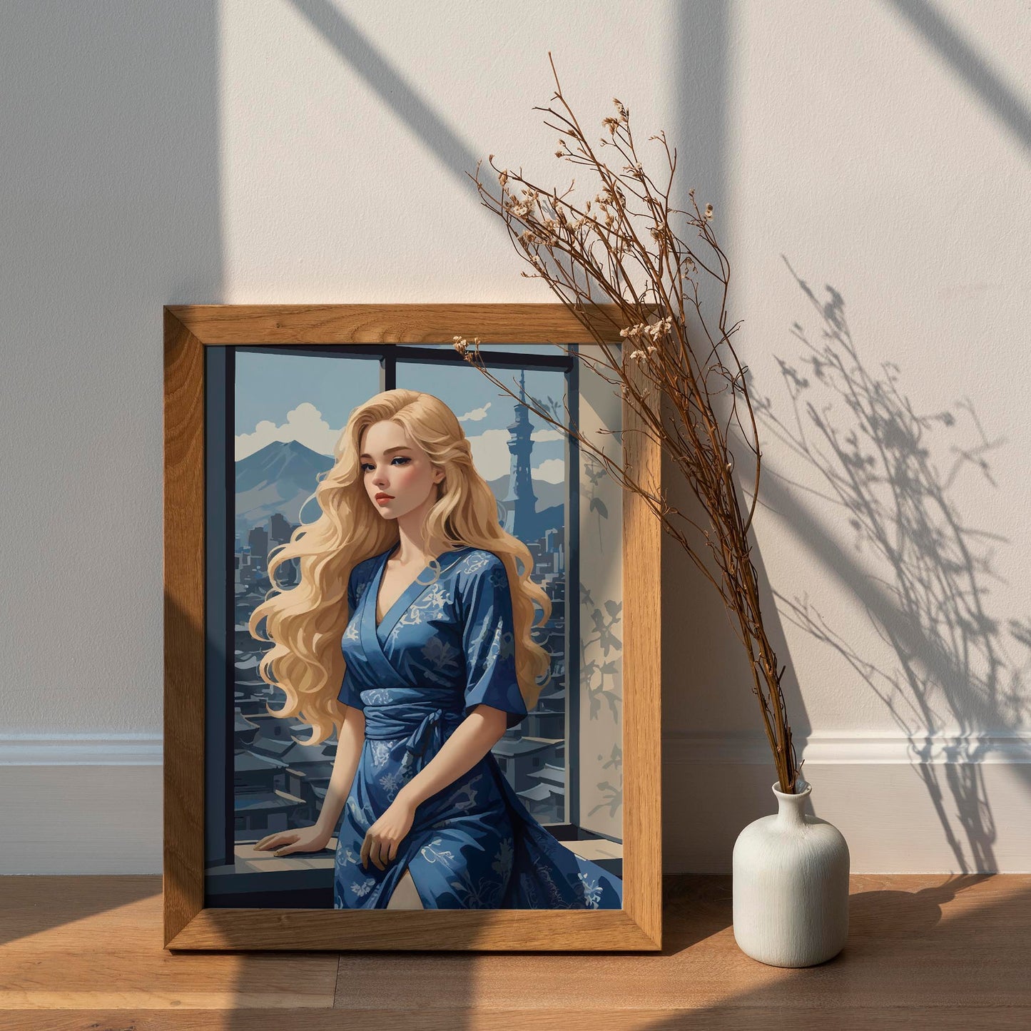 Elegant illustration of a blonde woman in a flowing blue kimono-style dress standing by a large window overlooking a city skyline. Soft sunlight highlights her wavy hair as distant mountains and a tall tower rise in the background, creating a calm and sophisticated atmosphere.