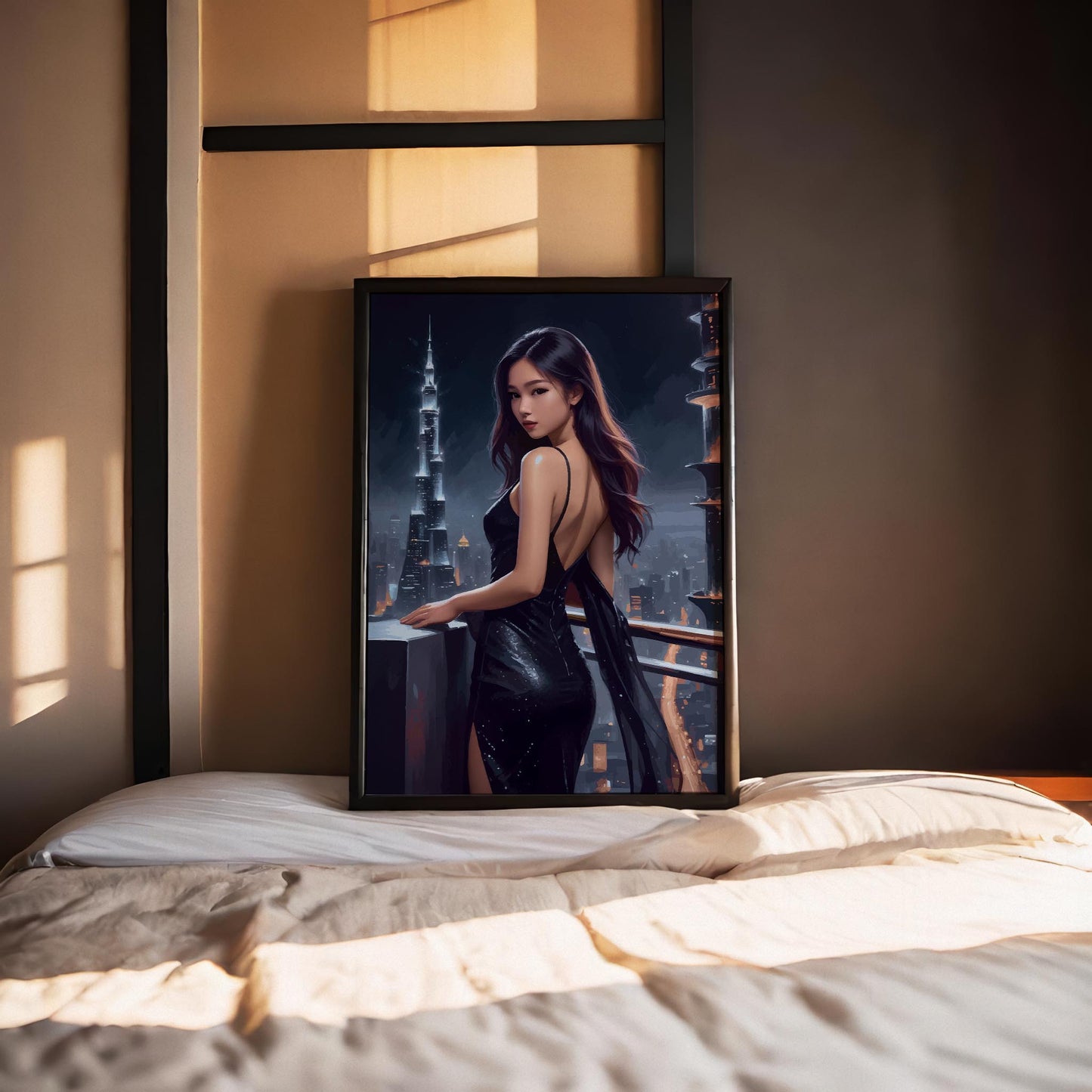 Elegant digital wall art of a woman in a sleek black evening gown standing on a balcony, gazing over a glowing futuristic city skyline at night with illuminated skyscrapers