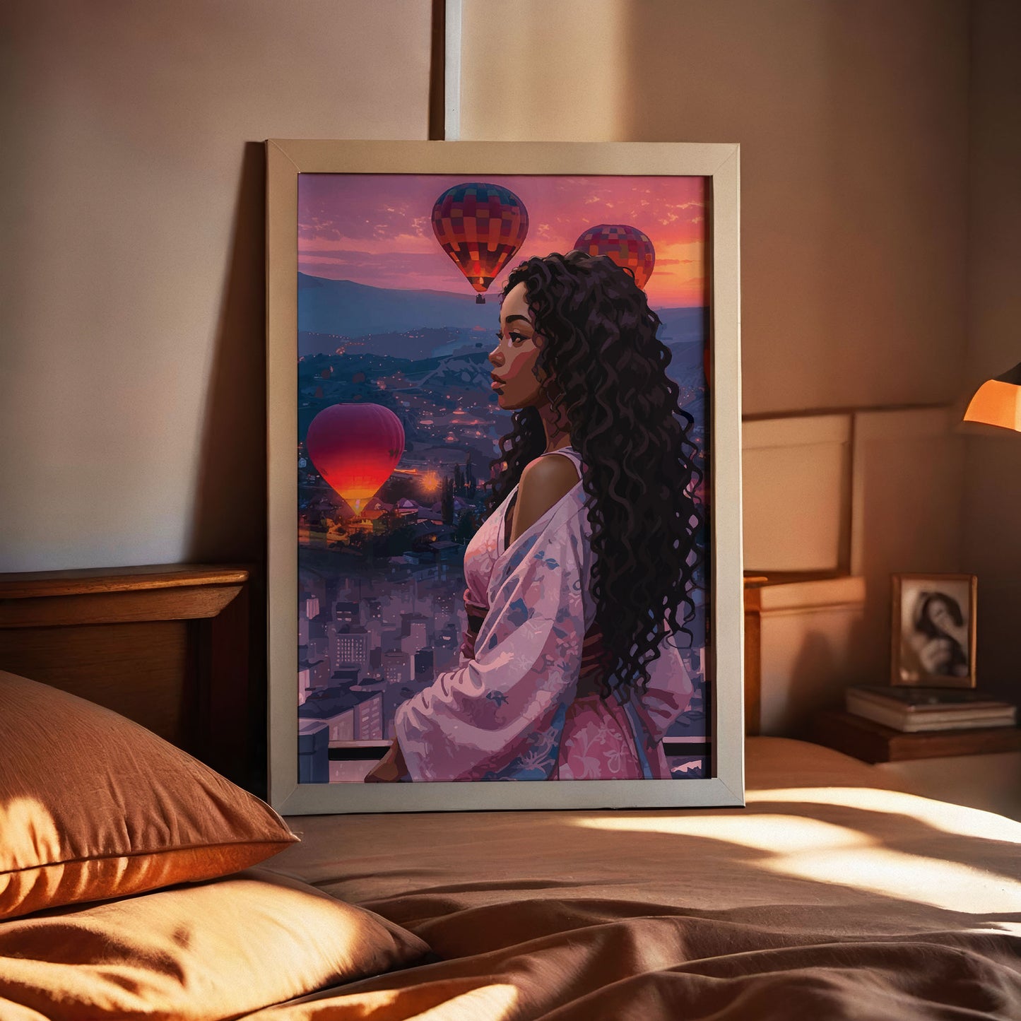 Romantic sunset scene with hot air balloons and woman overlooking city skyline, dreamy printable wall art digital download