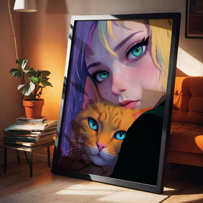 Expressive portrait of a young woman with bright teal eyes and blonde hair with purple streaks, gently holding an orange cat with matching blue eyes. The artwork features rich lighting and bold colours, creating an intimate and captivating emotional connection between the girl and her pet. 