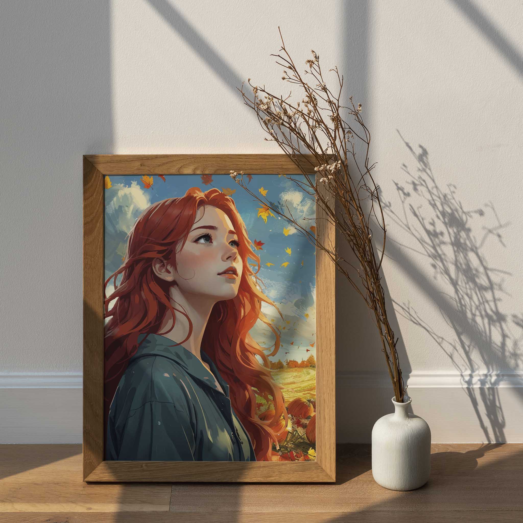 Autumn-themed printable wall art featuring a red-haired woman gazing upward as fall leaves swirl around her, set against a vibrant blue sky and golden fields, ideal for seasonal and cozy home decor