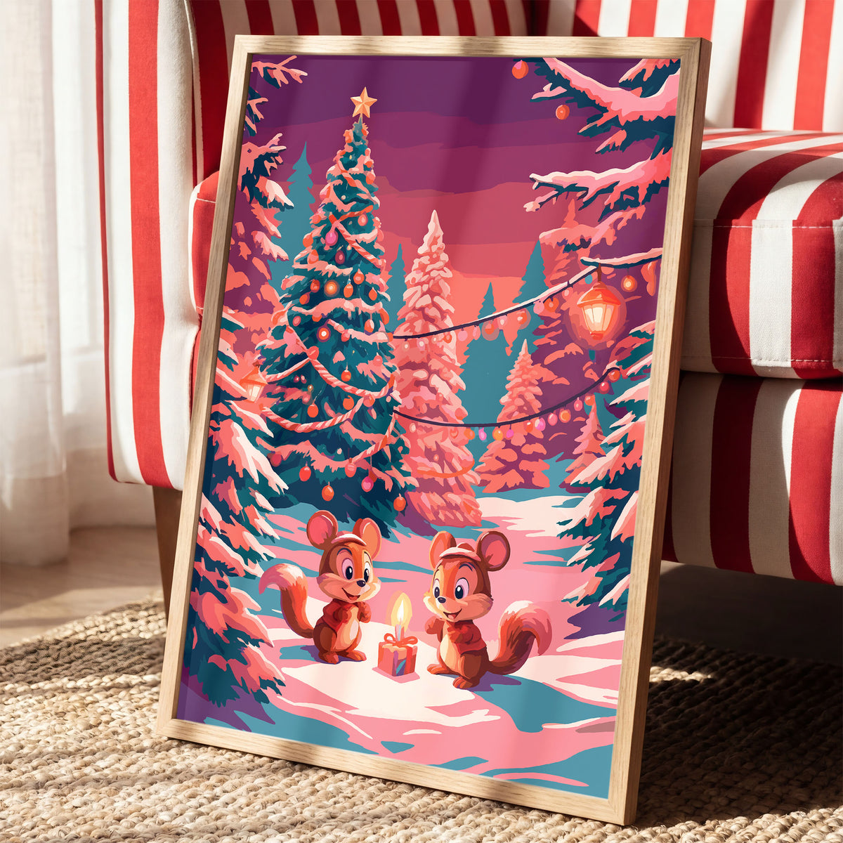 Illustrated print of two chipmunks sitting beside a candle and wrapped gift in a snowy pine forest, with a decorated Christmas tree glowing behind them.