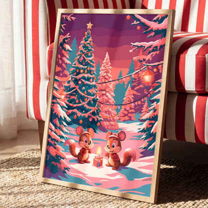 Illustrated print of two chipmunks sitting beside a candle and wrapped gift in a snowy pine forest, with a decorated Christmas tree glowing behind them.