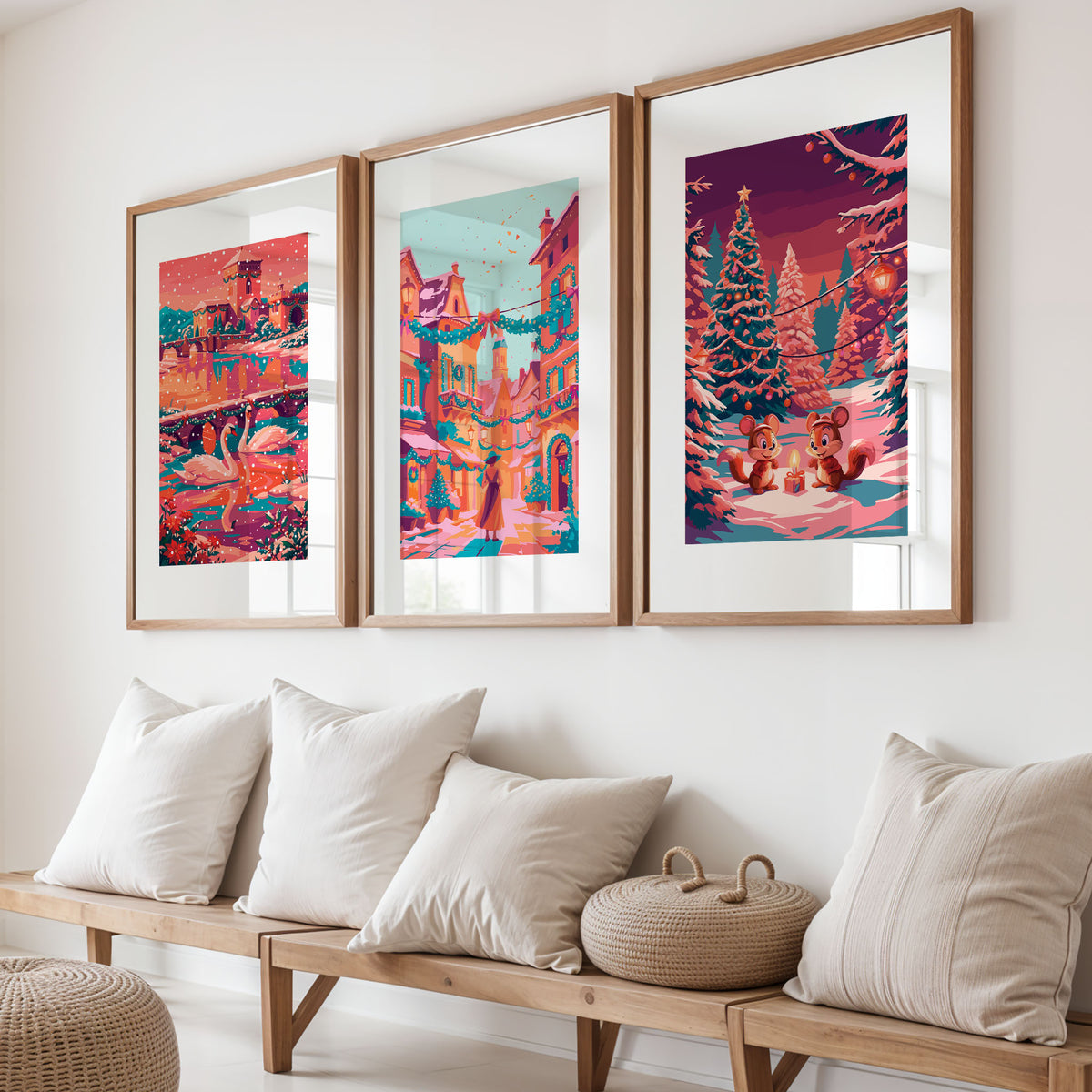 Print of two swans swimming on a snowy river beneath a hilltop castle strung with holiday garland