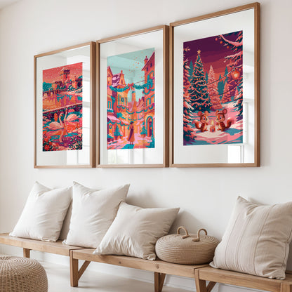 Print of two swans swimming on a snowy river beneath a hilltop castle strung with holiday garland