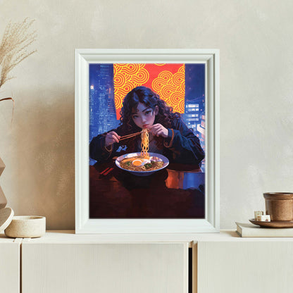 Digital wall art of a young woman eating ramen with chopsticks at a night city restaurant, featuring a glowing red and yellow patterned backdrop and neon-lit urban skyline