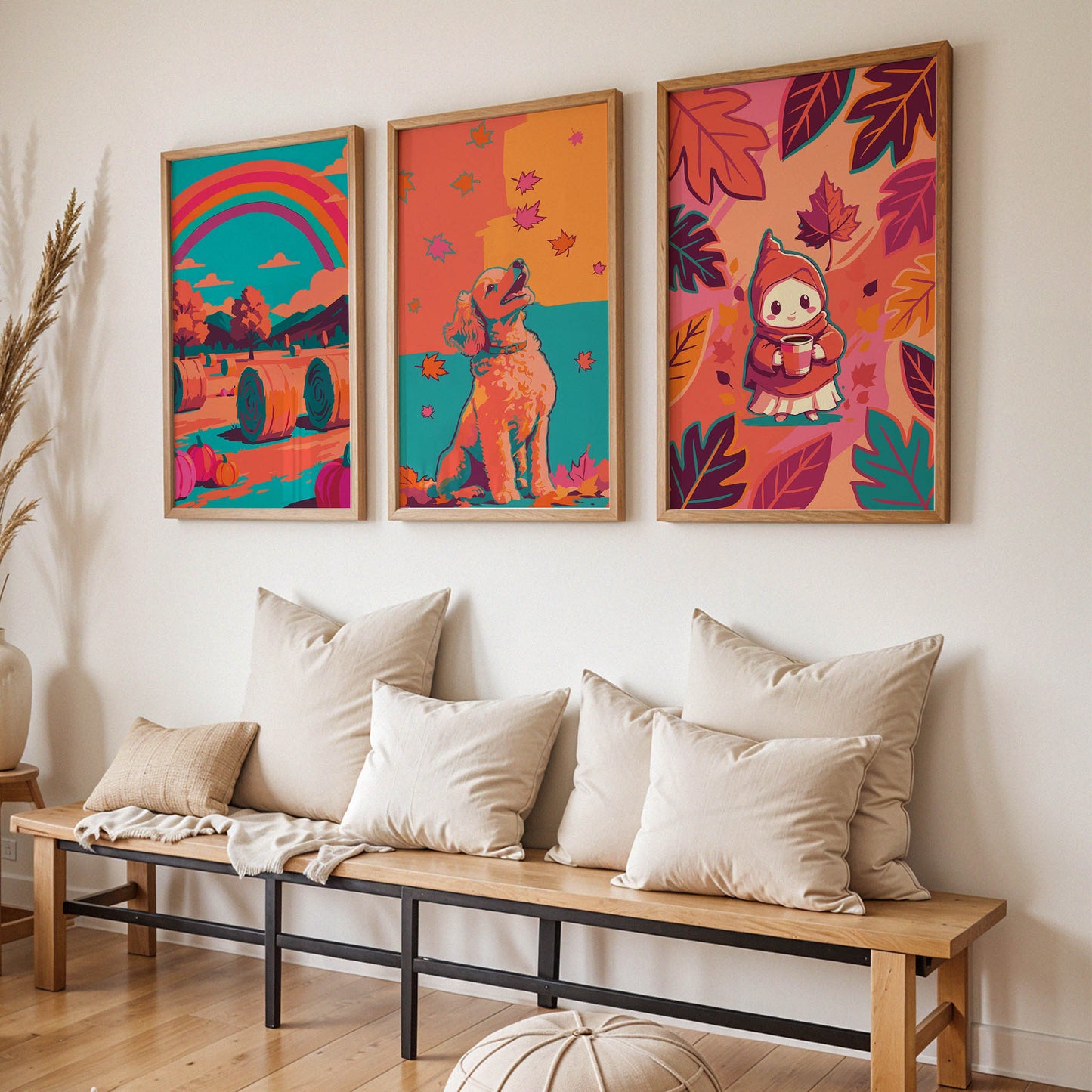 Bright fall art bundle - three white-framed dopamine-style prints on a natural oak ledge showing a colourful hay bale farm scene, a joyful curly-haired dog, and a tiny hooded gnome among autumn leaves