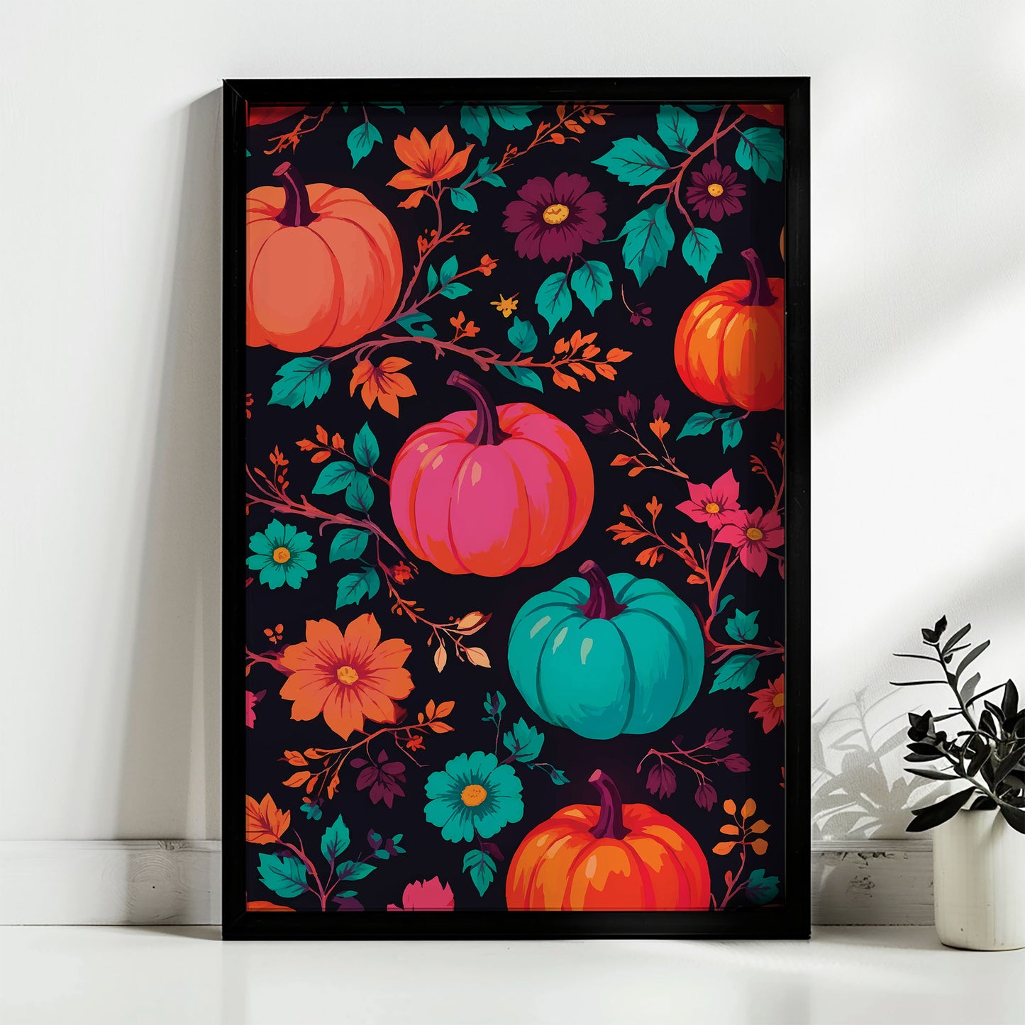Dopamine-style autumn botanical print - oversized pumpkins in unexpected colours including hot pink and turquoise, interwoven with orange and teal wildflowers on a dark ground